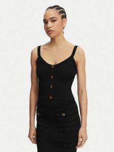 Guess Top W5YR10 Z0130 Czarny Regular Fit. Czarne topy Guess, xs, z aplikacjami, z syntetyku, bez kołnierzyka, bez ramiączek. Za 198,99 zł.