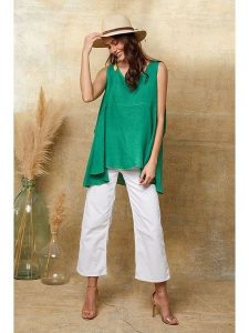 Joséfine Lniany top "Ottilie" w kolorze zielonym rozmiar: S. Zielone topy Joséfine, s, bez wzorów, ze lnu, bez kołnierzyka, bez ramiączek. Za 130,99 zł.