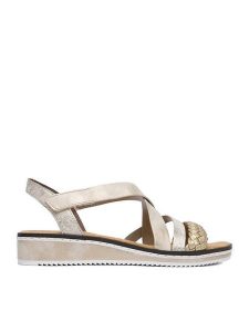 Rieker Sandały CEO-V3663-90 Złoty. Żółte sandały Rieker, bez wzorów, ze skóry, bez obcasa, na płaskiej podeszwie, bez zapięcia. Za 299,99 zł.