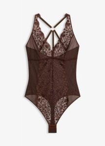 Body ze stringami, bez fiszbinów, ze szlachetnym haftem. Brązowe body i gorsety bonprix, bez wzorów. Za 109,99 zł.