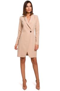 Beżowa Elegancka Żakietowa Sukienka na Jeden Guzik. Brązowe sukienki MOE, l, bez wzorów, z elastanu, eleganckie, bez kołnierzyka, bez ramiączek. Za 273,90 zł.