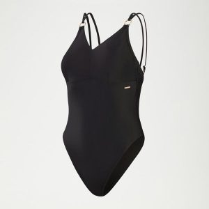 SPEEDO Damski modelujący kostium kąpielowy na ramiączkach, czarny, UK 42. Czarne stroje jednoczęściowe Speedo, bez wzorów, z elastanu. Za 279,25 zł.