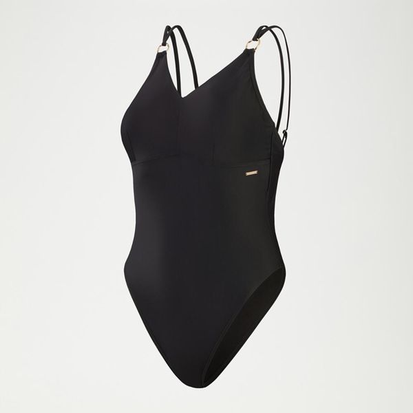 SPEEDO Damski modelujący kostium kąpielowy na ramiączkach, czarny, UK 42. Czarne stroje jednoczęściowe Speedo, bez wzorów, z elastanu. Za 279,25 zł.