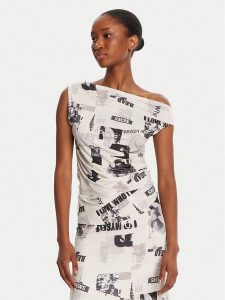 Desigual Bluzka Breaking News 25WWTK10 Écru Regular Fit. Bluzki Desigual, xl, bez wzorów, z syntetyku, bez kołnierzyka, bez ramiączek. Za 239,99 zł.