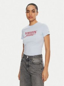 Tommy Jeans T-Shirt Essential DW0DW19447 Błękitny Slim Fit. Niebieskie t-shirty Tommy Jeans, m, bez wzorów, z bawełny, bez kołnierzyka, bez ramiączek. Za 79,99 zł.