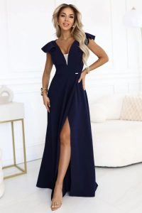 Długa sukienka wieczorowa rozkloszowana granatowa. Sukienki NUMOCO, na studniówkę, m, bez wzorów, wizytowe, bez kołnierzyka, bez ramiączek, maxi, rozkloszowane. Za 389,00 zł.