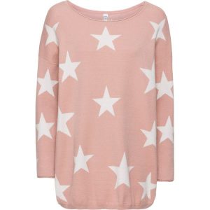 Sweter dzianinowy z nadrukiem w gwiazdy. Czerwone swetry klasyczne bonprix, z dzianiny, bez kołnierzyka. Za 99,99 zł.