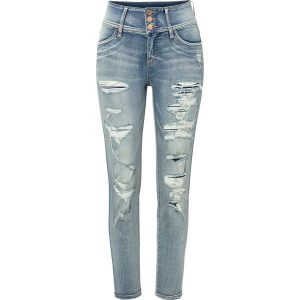 Dżinsy SKINNY z wysoką talią i ozdobnymi przetarciami. Niebieskie jeansy bonprix, bez wzorów, z jeansu. Za 127,99 zł.