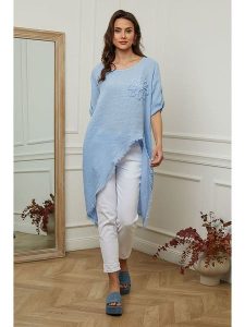 Plume Lniana tunika "Galopine" w kolorze błękitnym rozmiar: XL. Niebieskie tuniki Plume, xl, bez wzorów, ze lnu, bez kołnierzyka, bez ramiączek. Za 180,06 zł.