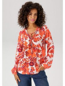 Aniston Bluzka w kolorze biało-pomarańczowym rozmiar: 38. Białe bluzki Aniston, bez wzorów, z wiskozy, bez kołnierzyka, bez ramiączek. Za 74,99 zł.