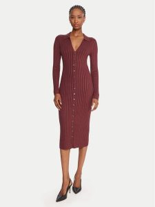 Guess Sukienka dzianinowa W5BK60 Z2YJ2 Brązowy Slim Fit. Brązowe sukienki Guess, xs, z aplikacjami, z dzianiny, bez kołnierzyka, bez ramiączek. Za 419,99 zł.