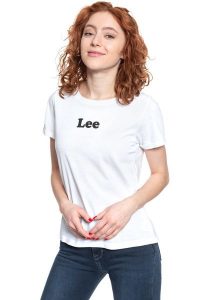 LEE T SHIRT DAMSKI LOGO T WHITE L40FEP12 112108538. Białe t-shirty Lee, l, bez wzorów, z bawełny, bez kołnierzyka, bez ramiączek. W wyprzedaży za 39,99 zł.