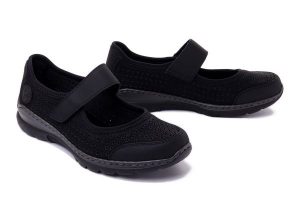 RIEKER L32B5-00 black, półbuty damskie. Czarne półbuty Rieker, na lato, bez wzorów, bez obcasa, bez zapięcia. Za 255,92 zł.