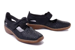 RIEKER 41399-14 blue, półbuty letnie damskie. Niebieskie półbuty Rieker, na lato, bez wzorów, ze skóry, bez obcasa, bez zapięcia. Za 271,92 zł.