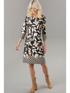Aniston Sukienka w kolorze kremowo-czarnym rozmiar: 40. Brązowe sukienki Aniston, bez wzorów, z wiskozy, bez kołnierzyka, bez ramiączek, mini. Za 95,99 zł.