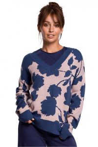 Lekki sweter z dekoltem V i wzorem w kwiaty. Swetry klasyczne Polskie swetry, l, z dzianiny, bez kołnierzyka. Za 239,00 zł.