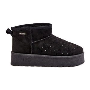 Śniegowce Ze Zdobieniem Na Platformie Big Star OO274A105 Czarne. Czarne buty zimowe bez obcasa, na platformie, bez zapięcia. Za 159,39 zł.