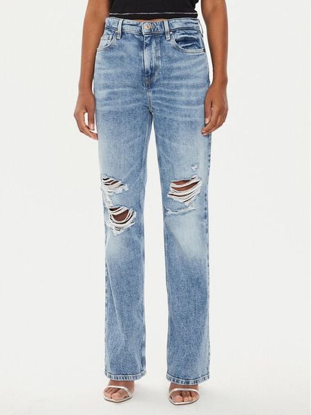 Guess Jeansy W4YA33 D4WBH Niebieski Straight Leg. Niebieskie jeansy Guess, z aplikacjami, z bawełny. Za 599,99 zł.