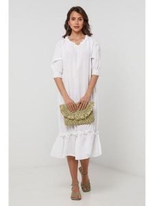 Lin Passion Lniana sukienka w kolorze białym rozmiar: 36/38. Białe sukienki Lin Passion, bez wzorów, ze lnu, klasyczne, bez kołnierzyka, bez ramiączek, midi. Za 173,99 zł.