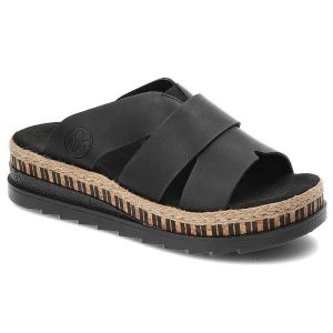 Czarne Klapki Rieker Wygodne Buty Na Platformie. Czarne klapki Rieker, bez wzorów, z bawełny, bez obcasa, na platformie. Za 299,00 zł.