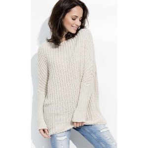 Beżowy Cieplutki Luźny Sweter z Angielskim Ściegiem. Piżamy marki Molly.pl. Za 102,90 zł.