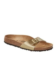 Birkenstock Klapki "Madrid" w kolorze złotym rozmiar: 42. Żółte klapki Birkenstock, bez wzorów, z otwartym noskiem, bez obcasa. Za 285,45 zł.