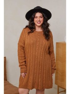 Curvy Lady Sukienka dzianinowa w kolorze jasnobrązowym rozmiar: 48/50. Brązowe sukienki Curvy Lady, bez wzorów, z dzianiny, klasyczne, bez kołnierzyka, bez ramiączek, midi. Za 87,61 zł.