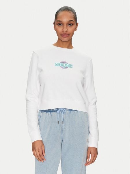 Guess Jeans Bluza W5GQ20 K68I4 Biały Regular Fit. Białe bluzy Guess Jeans, xxl, z aplikacjami, z bawełny, bez kaptura. Za 169,99 zł.