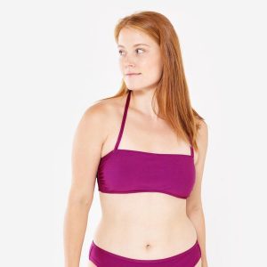 Góra kostiumu kąpielowego surfingowego damska Olaian Laura teksturowana. Fioletowe bikini OLAIAN, bez wzorów, z elastanu. Za 59,99 zł.