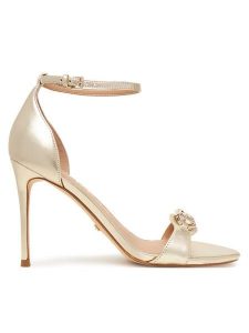 Guess Sandały FLTKAB LEM03 Złoty. Żółte sandały Guess, z aplikacjami, ze skóry, bez obcasa, na szpilce, bez zapięcia. Za 539,99 zł.