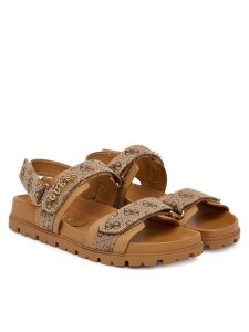 Guess Sandały FLPZY2 FAL03 Brązowy. Brązowe sandały Guess, z aplikacjami, z materiału, bez obcasa, na płaskiej podeszwie, bez zapięcia. Za 499,99 zł.