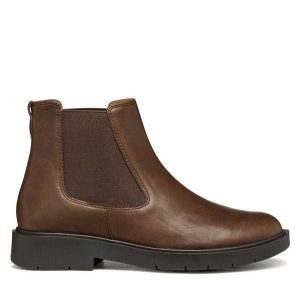 Sztyblety Geox. Brązowe botki Geox, bez wzorów, bez obcasa, na płaskiej podeszwie, bez zapięcia. Za 509,99 zł.