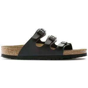 Klapki damskie BIRKENSTOCK Florida Soft Footbed Birko-Flor. Czarne klapki Birkenstock, bez wzorów, ze skóry, bez obcasa. Za 429,99 zł.