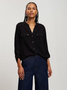 Cross Jeans Bluzka w kolorze czarnym rozmiar: L. Czarne bluzki Cross Jeans, l, bez wzorów, z jeansu, bez kołnierzyka, bez ramiączek. Za 96,60 zł.