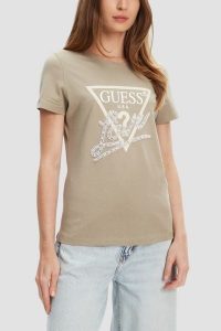 GUESS Zielony damski t-shirt Pearls Love, Rozmiar S. Zielone t-shirty Guess, s, z aplikacjami, bez kołnierzyka, bez ramiączek. W wyprzedaży za 119,99 zł.