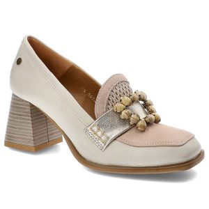 Beżowe Półbuty Maciejka Damskie Eleganckie Obuwie. Brązowe czółenka Maciejka, na wiosnę, z aplikacjami, ze skóry, bez obcasa, bez zapięcia. Za 389,00 zł.