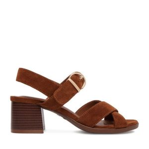 Sandały JENNY. Brązowe sandały Jenny, bez wzorów, bez obcasa, na słupku, bez zapięcia. Za 129,99 zł.