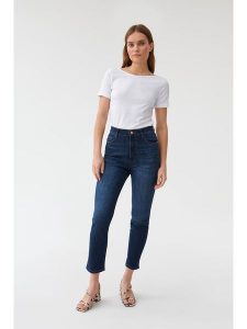 TATUUM Dżinsy "Printo" - Slim fit - w kolorze granatowym rozmiar: 34. Niebieskie jeansy Tatuum, z aplikacjami, ze skóry, z podwyższonym stanem. Za 110,04 zł.