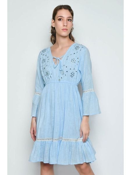 H.H.G. Sukienka w kolorze błękitnym rozmiar: L. Niebieskie sukienki H.H.G., l, bez wzorów, z bawełny, bez kołnierzyka, bez ramiączek, midi. Za 74,46 zł.