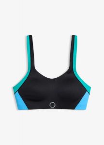 Biustonosz sportowy wyściełany o średnim stopniu podtrzymywania. Czarne biustonosze sportowe bonprix, bez wzorów. Za 37,99 zł.