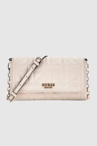 GUESS Beżowa torebka z funkcją portfela Assia Mini. Brązowe torebki klasyczne Guess, z aplikacjami, pikowane, bez dodatków. W wyprzedaży za 316,99 zł.