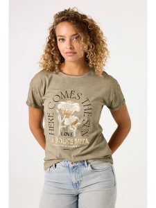 Garcia Koszulka w kolorze khaki rozmiar: S. Brązowe bluzki Garcia, s, bez wzorów, z bawełny, bez kołnierzyka, bez ramiączek. Za 131,74 zł.
