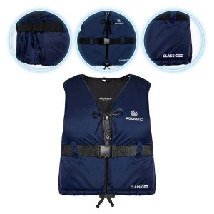 Kamizelka asekuracyjna AQUASTIC Classic 50N. Niebieskie kamizelki AQUASTIC, l, bez wzorów, bez kołnierzyka, bez ramiączek, bez kaptura. Za 129,99 zł.
