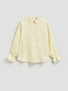 Koszula z lnem - jasnożółty. Żółte koszule Reserved, l, bez wzorów, z tkaniny, bez kołnierzyka, bez ramiączek. Za 129,99 zł.