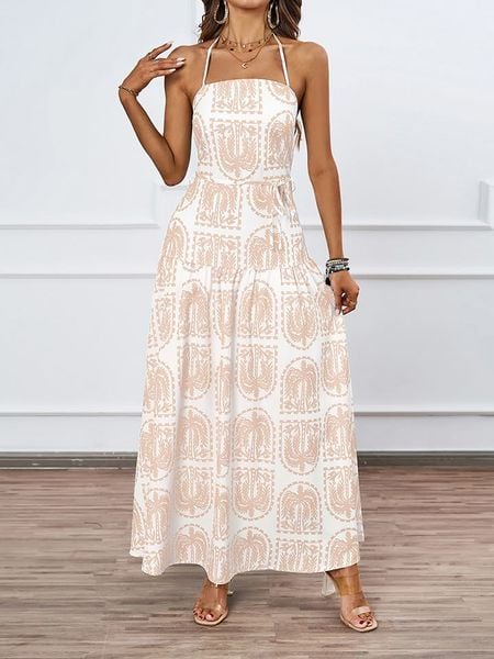 Tazga Sukienka w kolorze biało-jasnobrązowym rozmiar: 38. Białe sukienki Tazga, bez wzorów, z tkaniny, bez kołnierzyka, bez ramiączek, maxi. Za 152,62 zł.