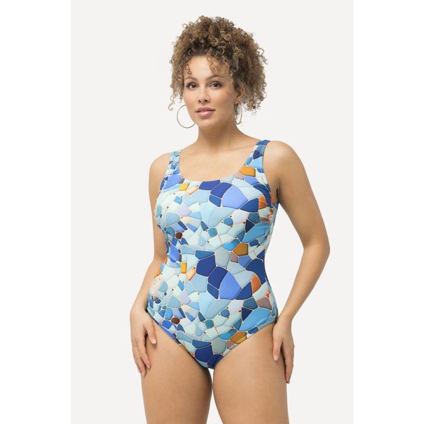 Damskie Kostium kąpielowy z nadrukiem bez miękkich miseczek okrągły dekolt. Niebieskie stroje jednoczęściowe Ulla Popken, bez wzorów, z elastanu. Za 199,99 zł.