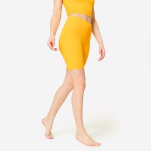 Spodenki fitness damskie Domyos krótkie. Zielone legginsy DOMYOS, bez wzorów, z elastanu, sportowe, z podwyższonym stanem. Za 89,99 zł.