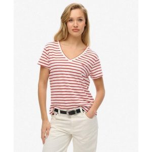 T-shirt z melangeowanym wzorem, z haftowanym logo i dekoltem w kształcie V dla k. Czerwone koszulki sportowe Superdry, bez wzorów, z bawełny, bez kołnierzyka, bez ramiączek. Za 109,75 zł.