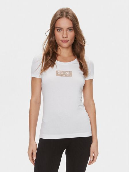 Guess T-Shirt W4RI33 J1314 Biały Slim Fit. Białe t-shirty Guess, s, z aplikacjami, z bawełny, bez kołnierzyka, bez ramiączek. Za 116,99 zł.