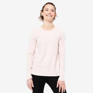 Koszulka z długim rękawem damska Domyos Gym & Pilates 500. Brązowe bluzki DOMYOS, l, bez wzorów, z bawełny, sportowe, bez kołnierzyka, bez ramiączek. W wyprzedaży za 39,99 zł.